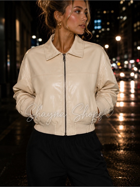idem ditto Jackets & Blazers - Idem Ditto Cream Faux Leather Cropped Bomber Jacket